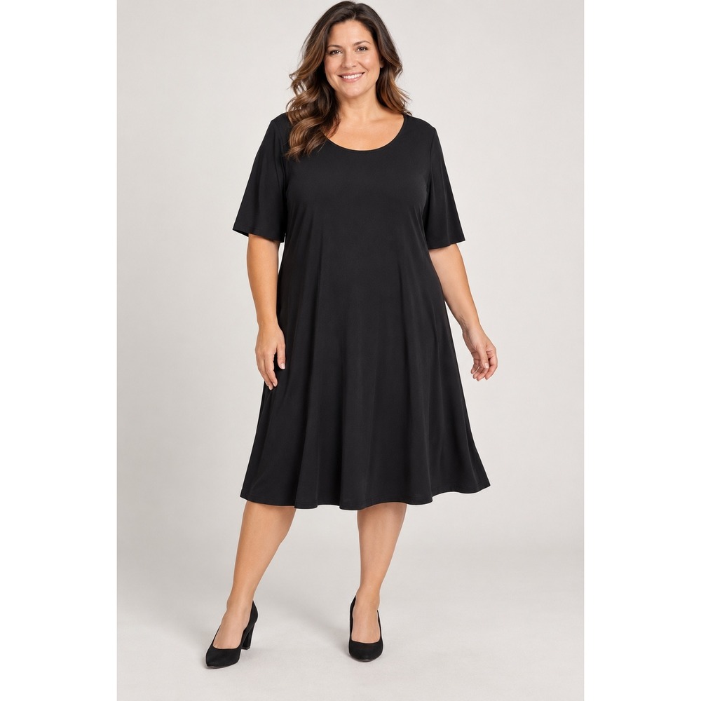Susan Graver Dress Womens XL Black Liquid Knit Fit and Flare Short Sleeve Midi